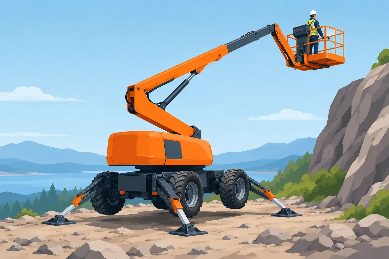 Rough Terrain Boom Lift with Stabilisers